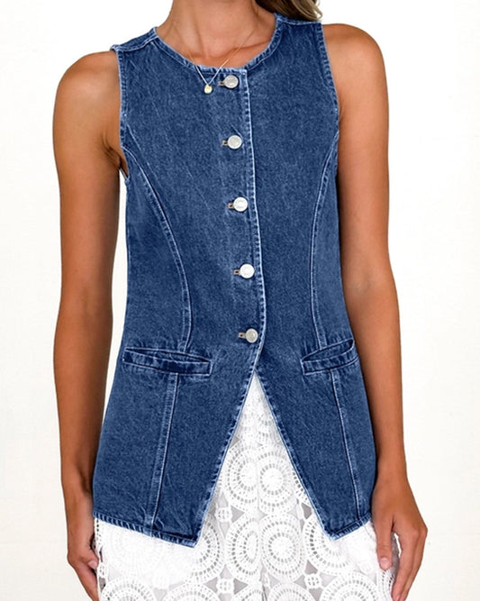 Retro Round-Neck Cinched Waist Denim Vest ??Classic Denim Outerwear for Women
