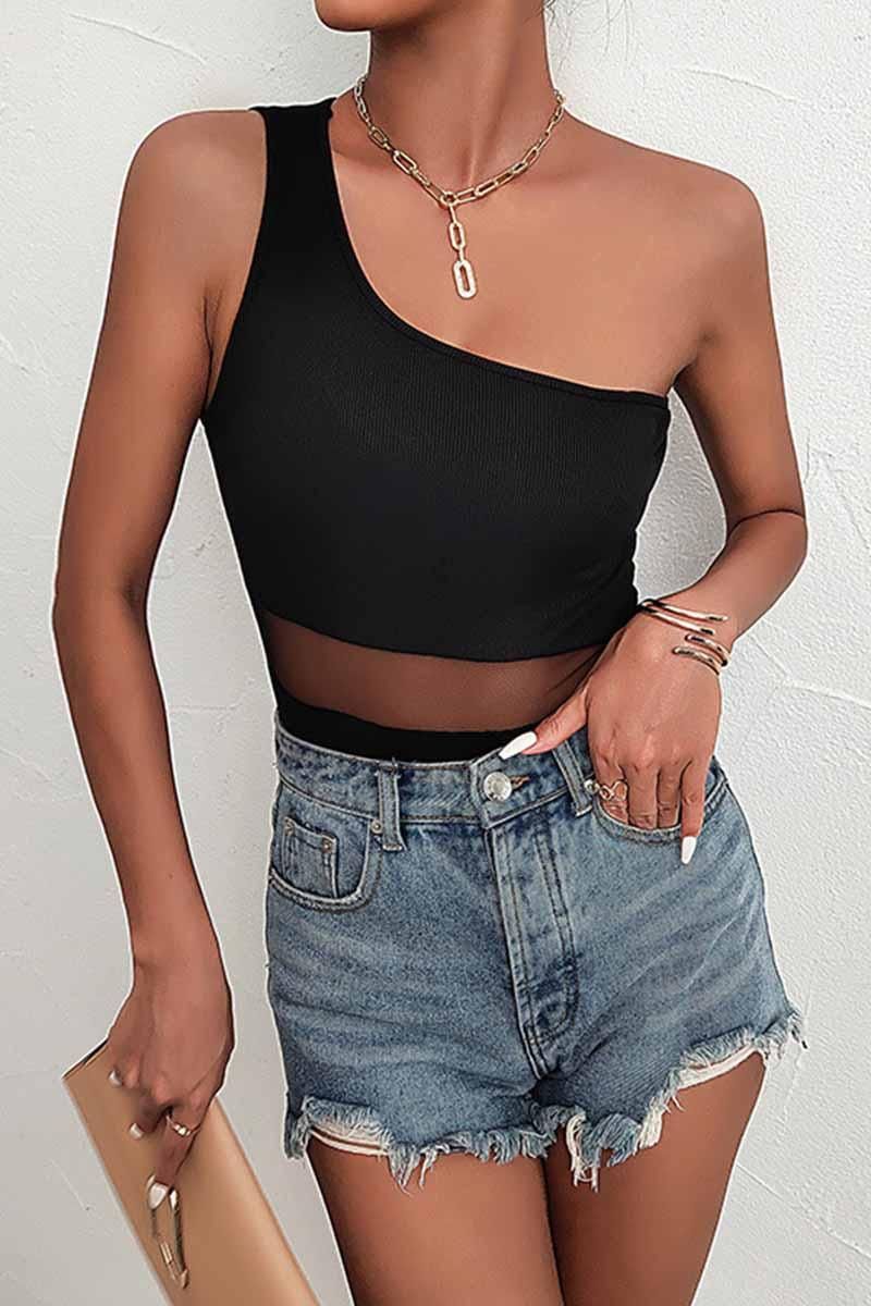 ONE SHOULDER TIGHT FIT MESH POINT BODYSUIT - Doublju