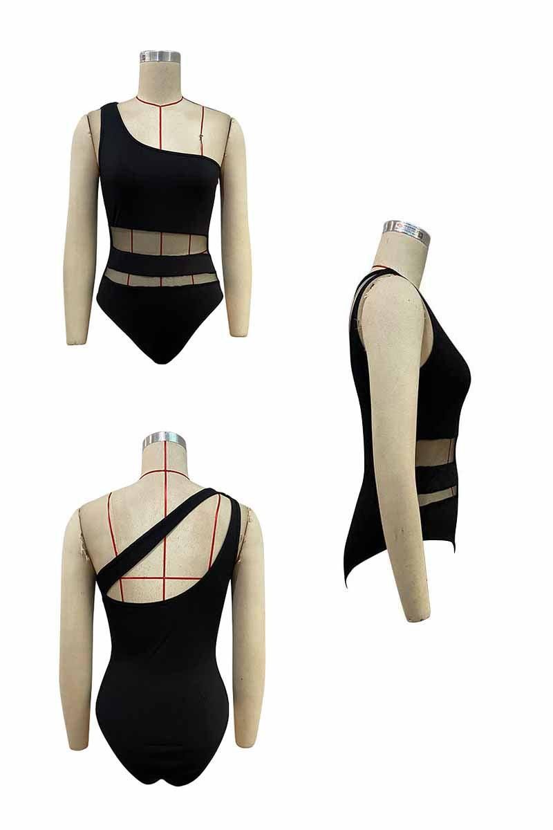 ONE SHOULDER TIGHT FIT MESH POINT BODYSUIT - Doublju