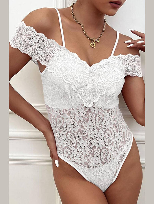 OFF SHOULDER STRAP FULL LACE BODYSUIT - Doublju