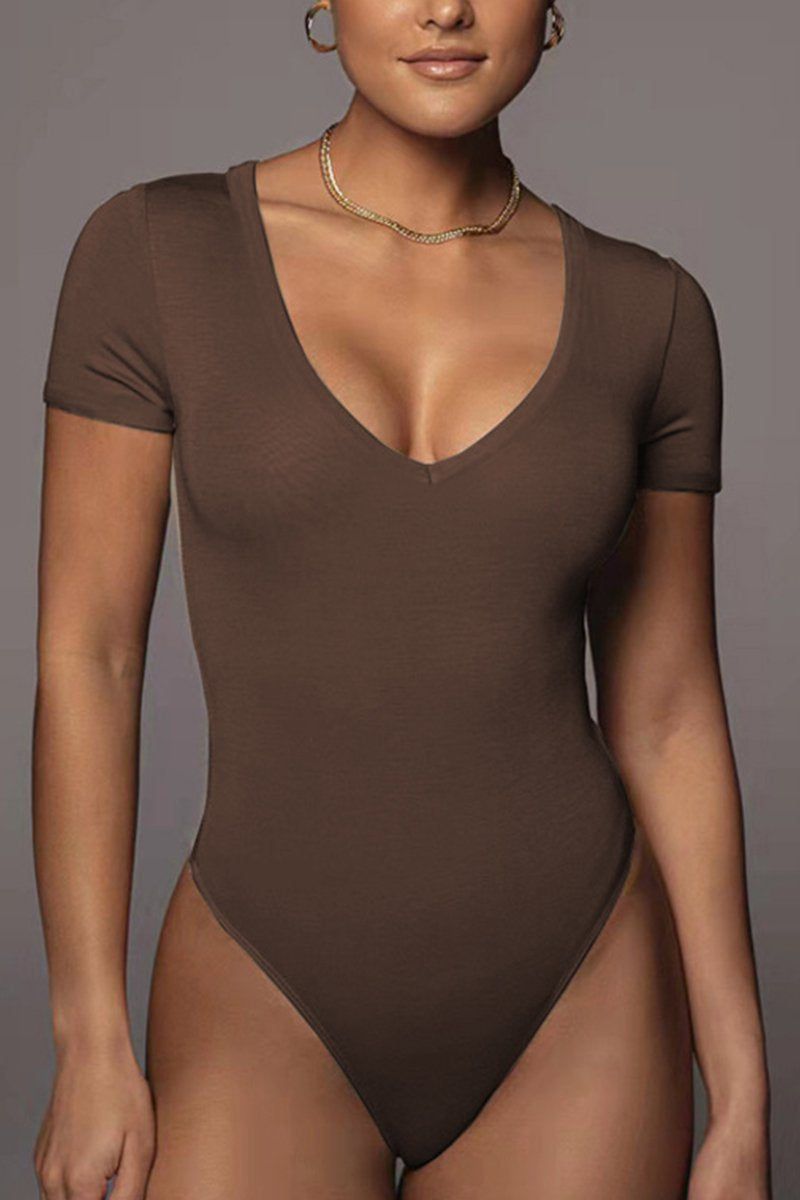 WOMEN SHORT SLEEVE DEEP U NECK BODYSUIT