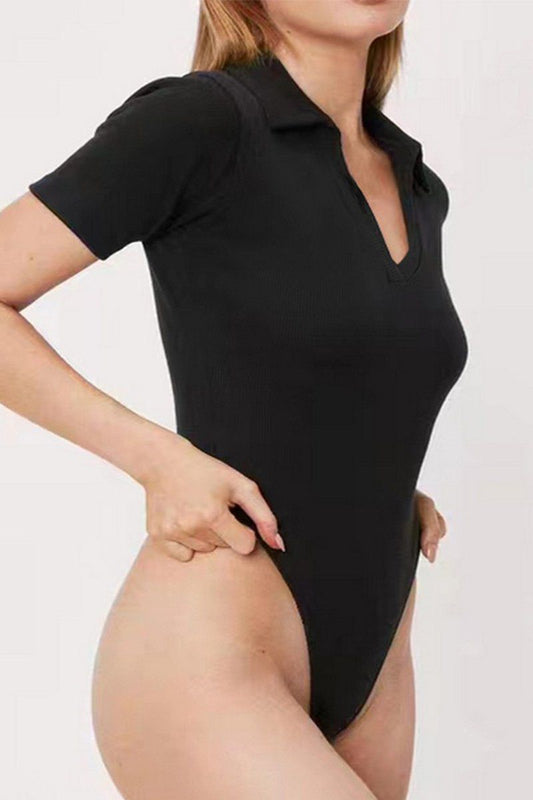 WOMEN RIBBED V NECK COLLARED SHORT BODYSUIT