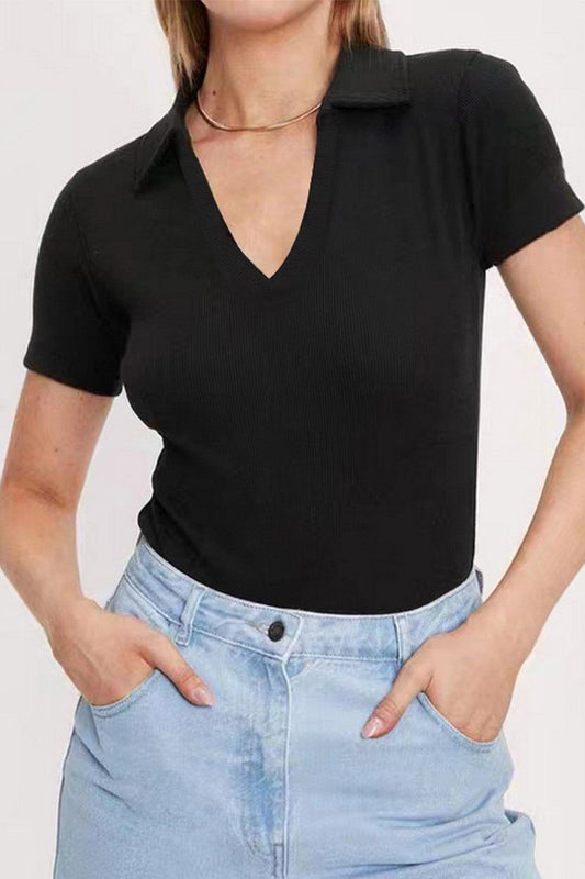 WOMEN RIBBED V NECK COLLARED SHORT BODYSUIT