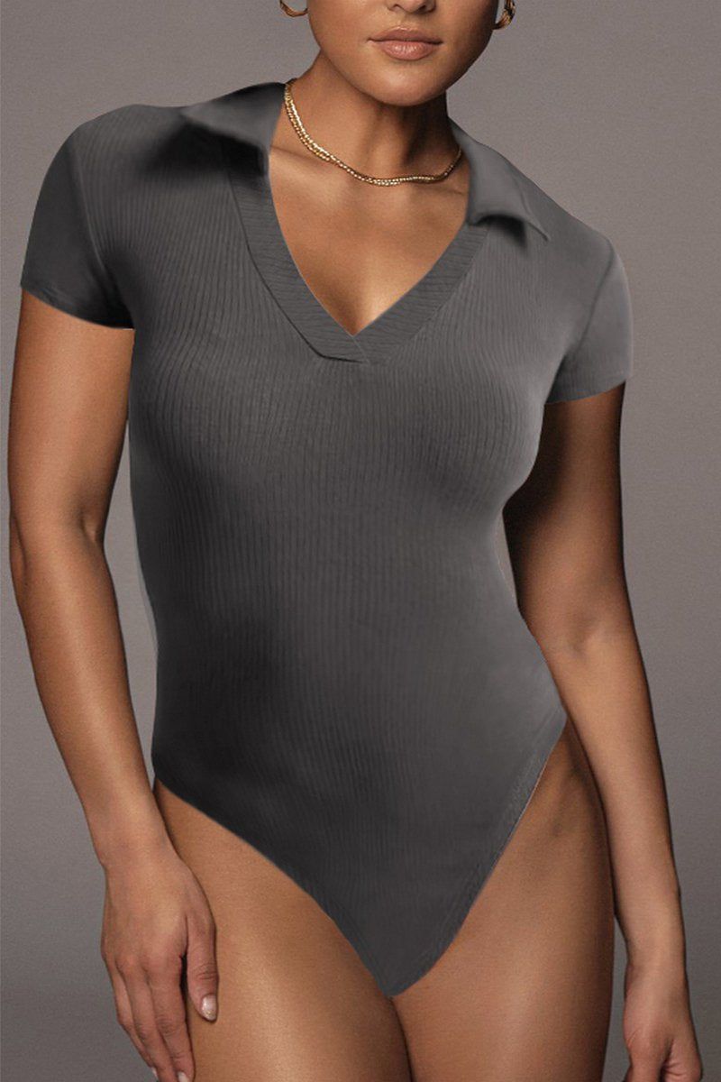 WOMEN RIBBED V NECK COLLARED SHORT BODYSUIT