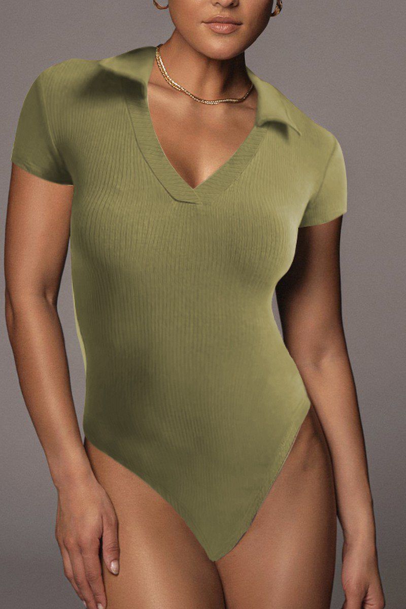 WOMEN RIBBED V NECK COLLARED SHORT BODYSUIT