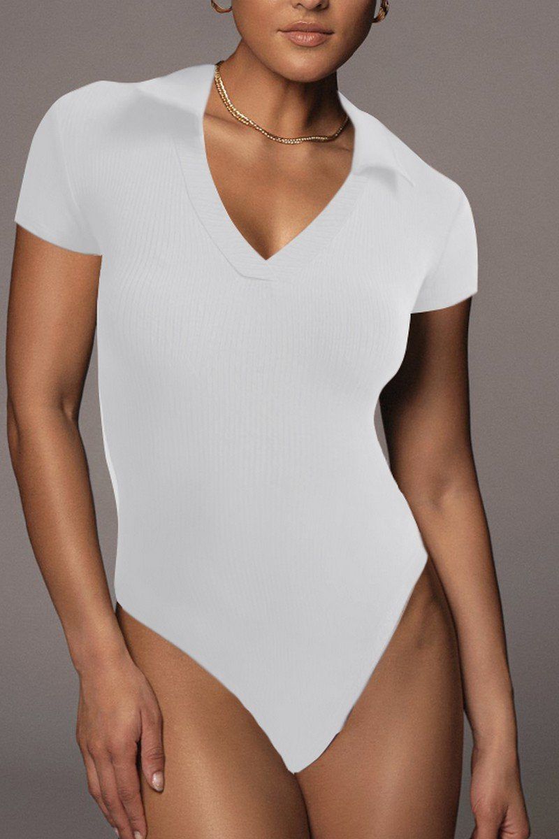 WOMEN RIBBED V NECK COLLARED SHORT BODYSUIT