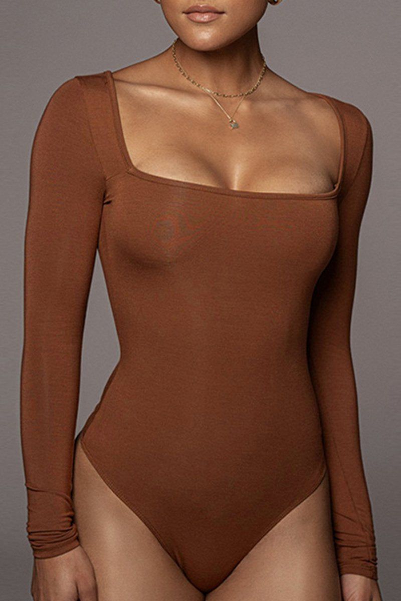 WOMEN SEXY DEEP SQUARE NECK LONG SLEEVE BODY SUIT