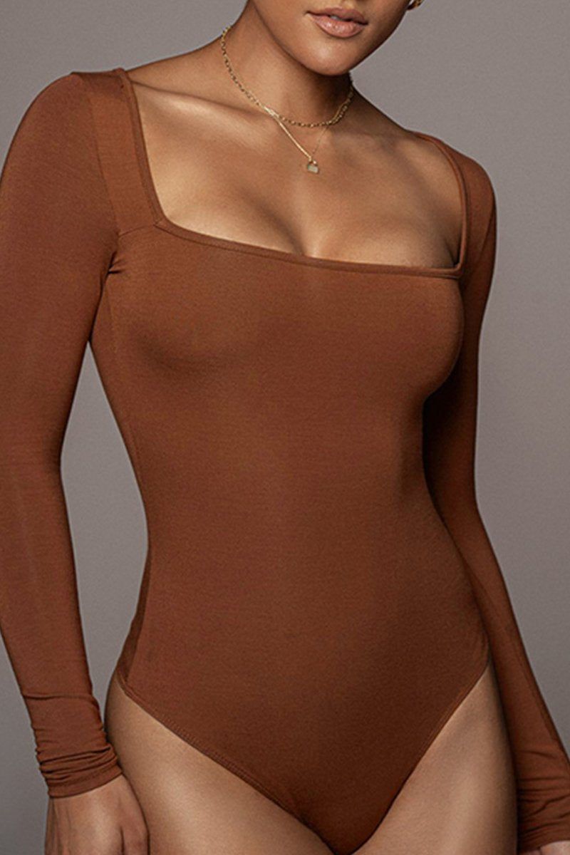 WOMEN SEXY DEEP SQUARE NECK LONG SLEEVE BODY SUIT