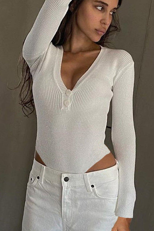 WOMEN BUTTONED V NECK LONG SLEEVE BODYSUIT