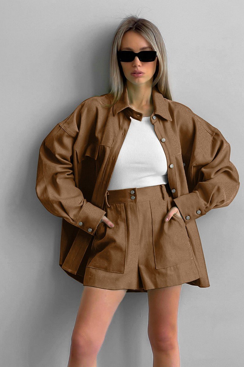 WOMEN OVERSIZED LOOSE FIT SHACKET AND SHORTS SET