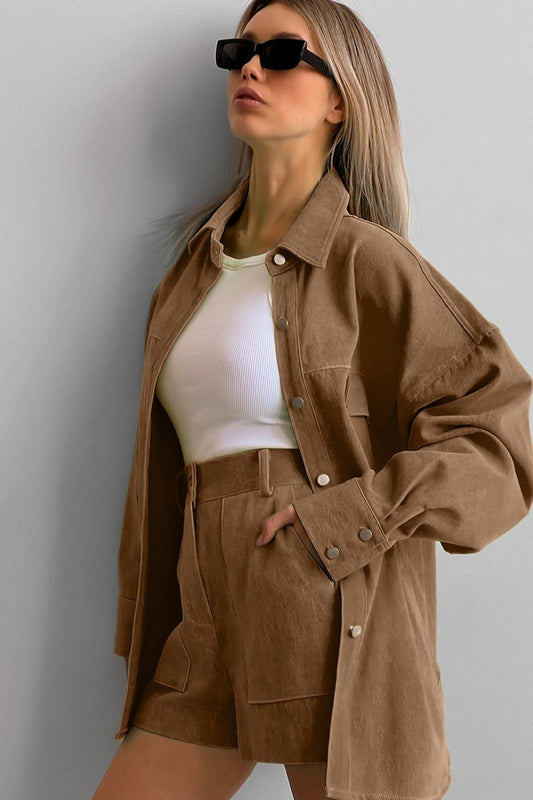 WOMEN OVERSIZED LOOSE FIT SHACKET AND SHORTS SET