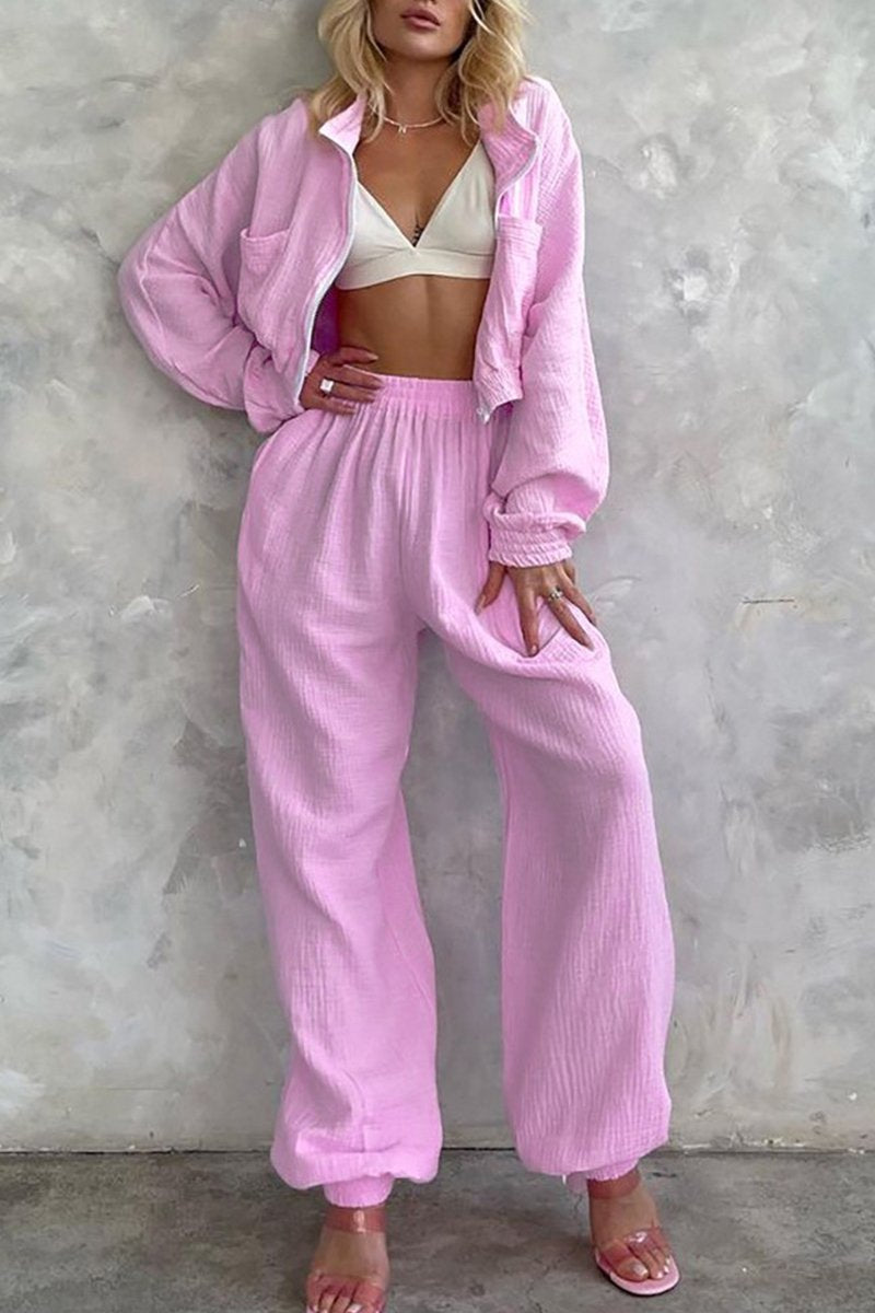WOMEN COZY ELASTIC PANTS AND ZIP UP JACKET SET
