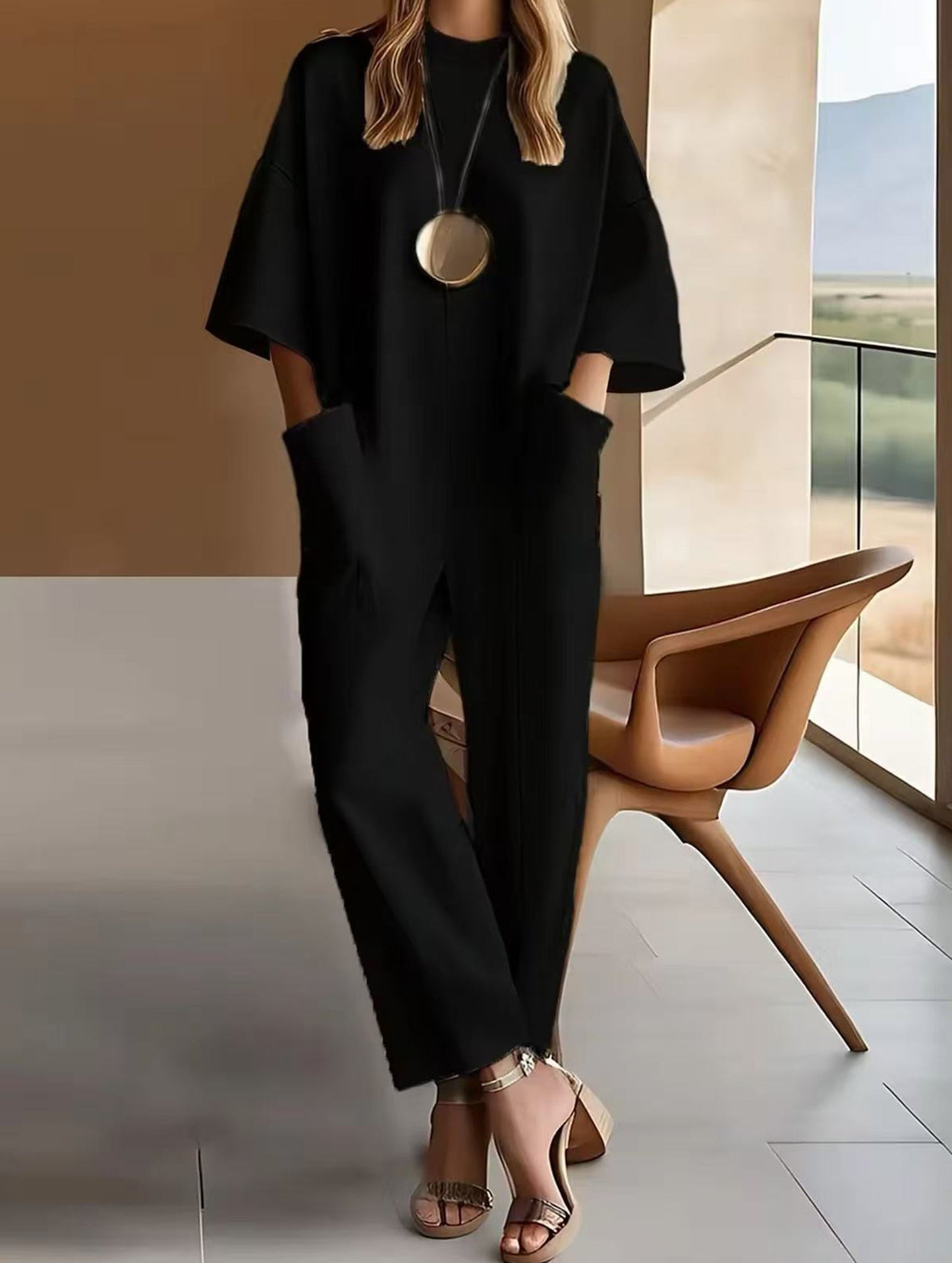 Loose Pocket Crew Neck Jumpsuit