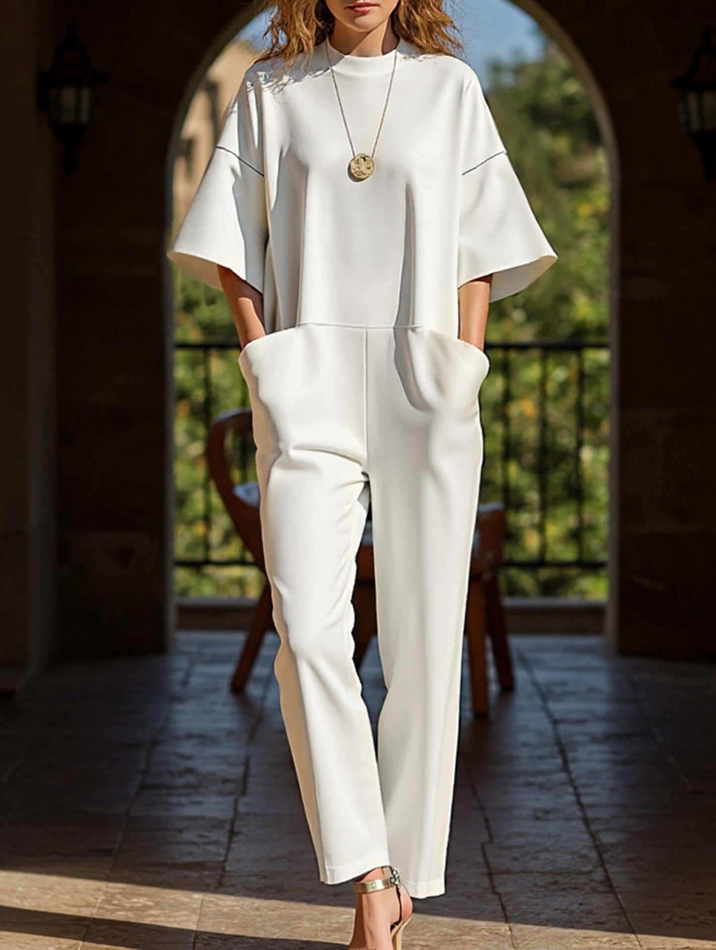 Loose Pocket Crew Neck Jumpsuit