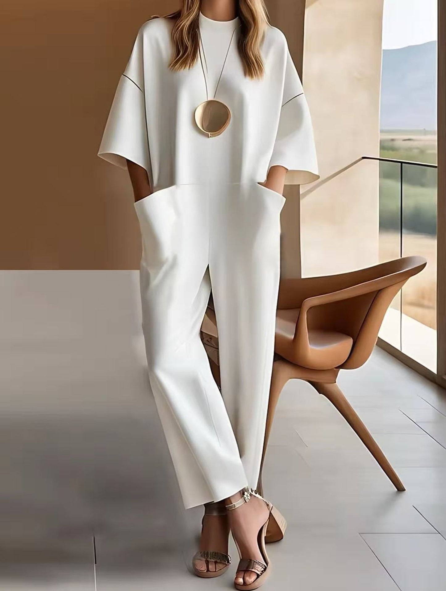 Loose Pocket Crew Neck Jumpsuit