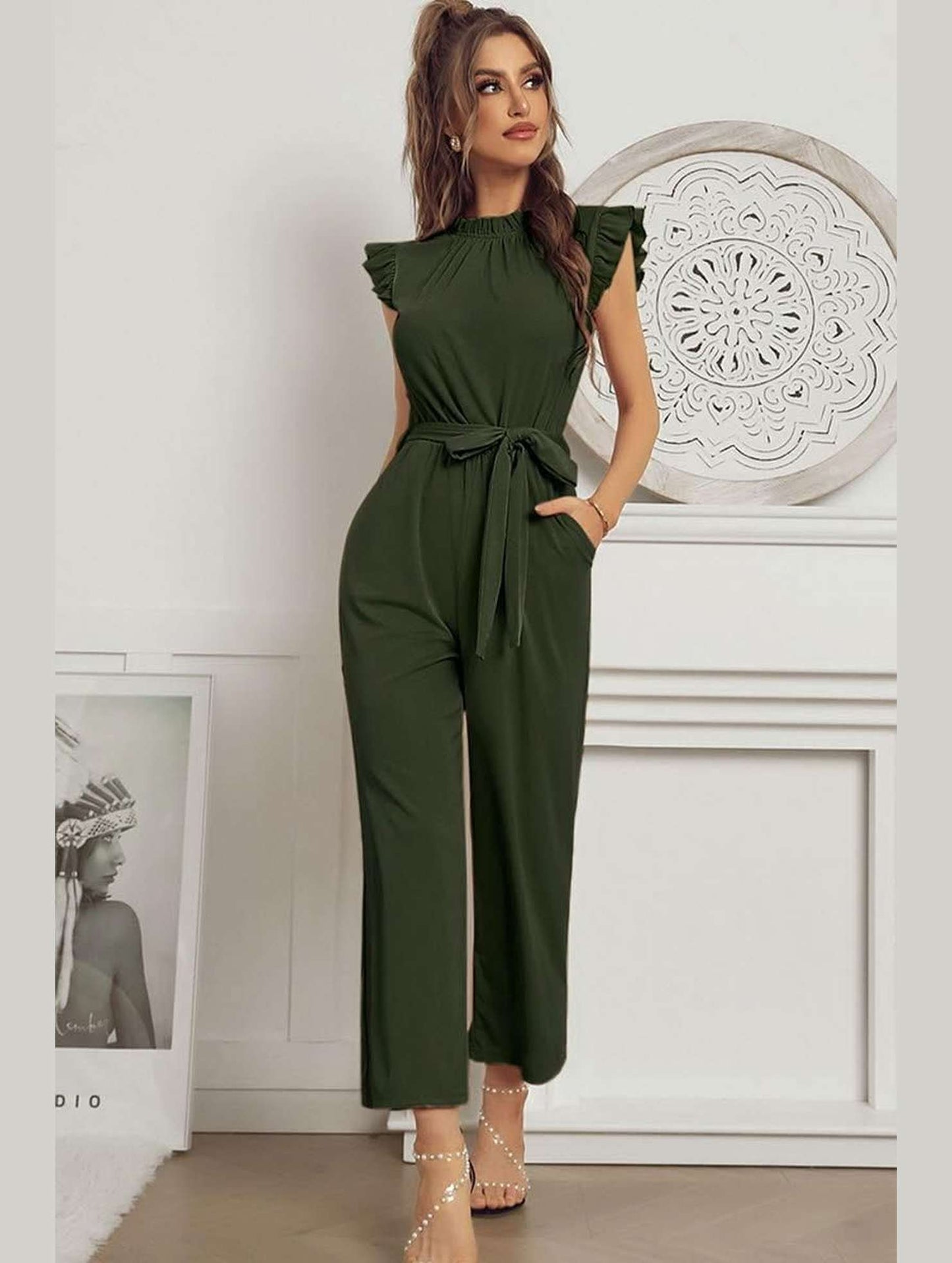 SOLID COLOR FLYING SLEEVE JUMPSUIT - Doublju