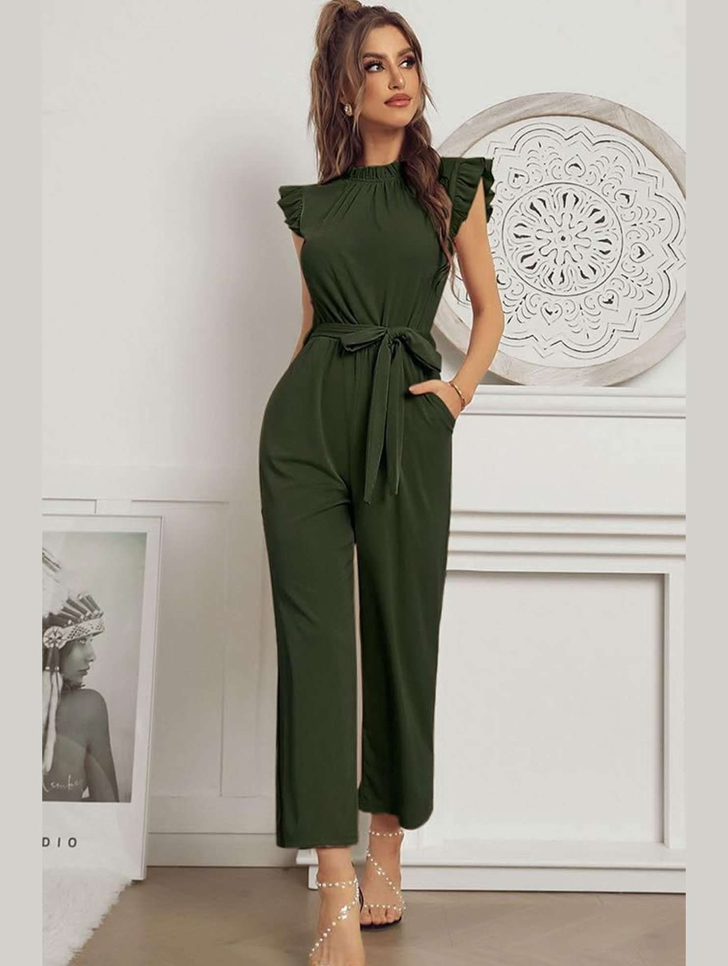 SOLID COLOR FLYING SLEEVE JUMPSUIT - Doublju