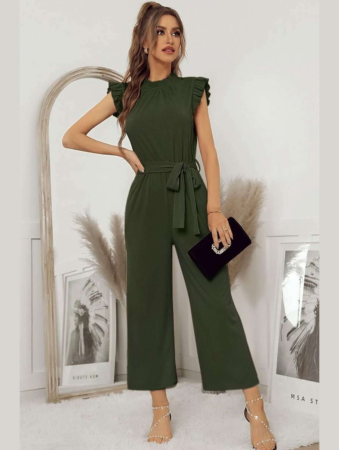 SOLID COLOR FLYING SLEEVE JUMPSUIT - Doublju