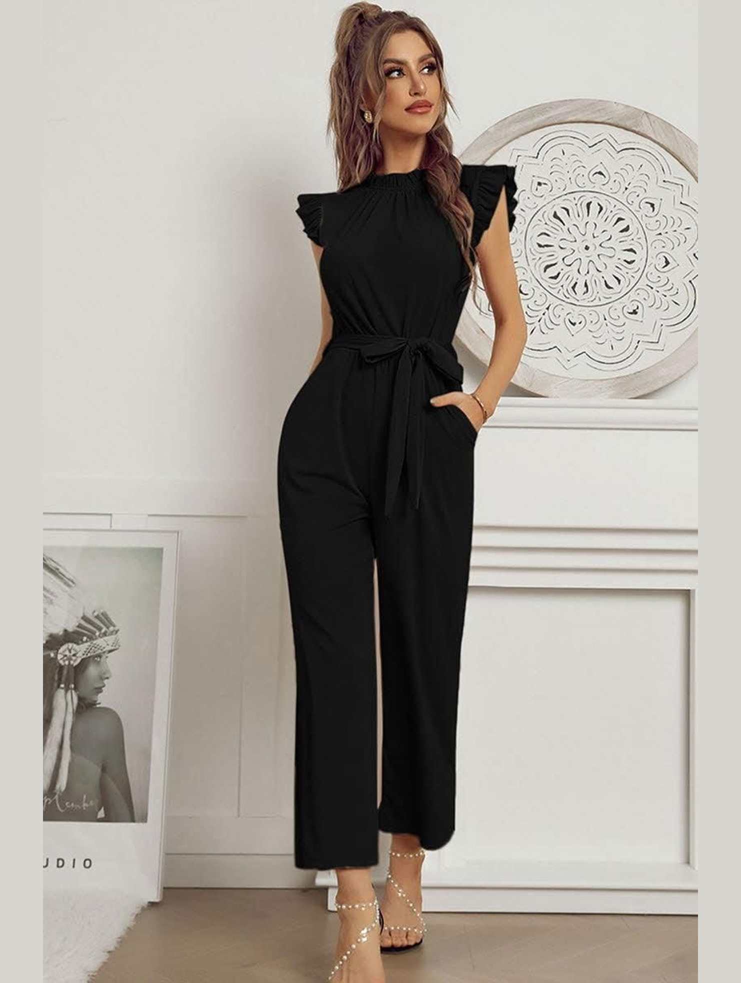 SOLID COLOR FLYING SLEEVE JUMPSUIT - Doublju
