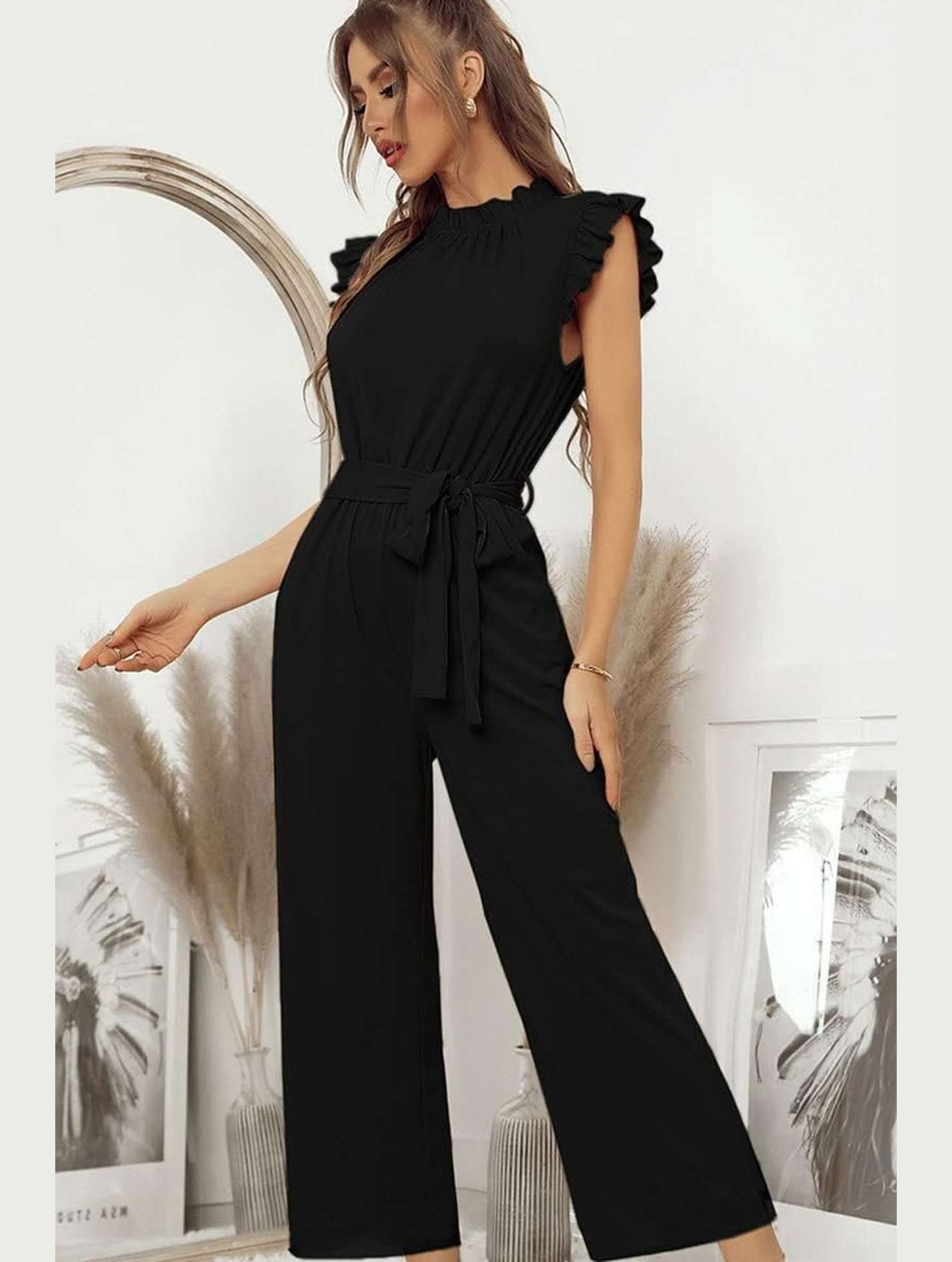 SOLID COLOR FLYING SLEEVE JUMPSUIT - Doublju