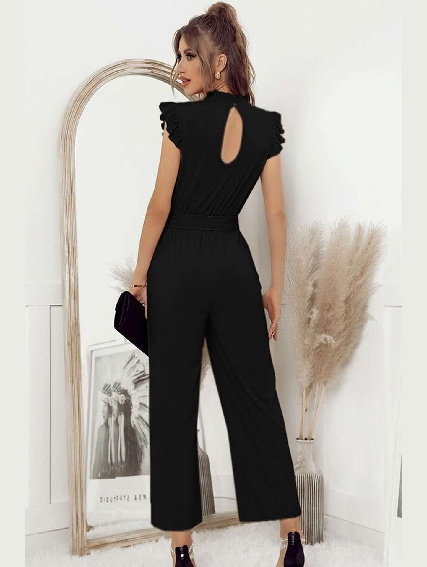 SOLID COLOR FLYING SLEEVE JUMPSUIT - Doublju