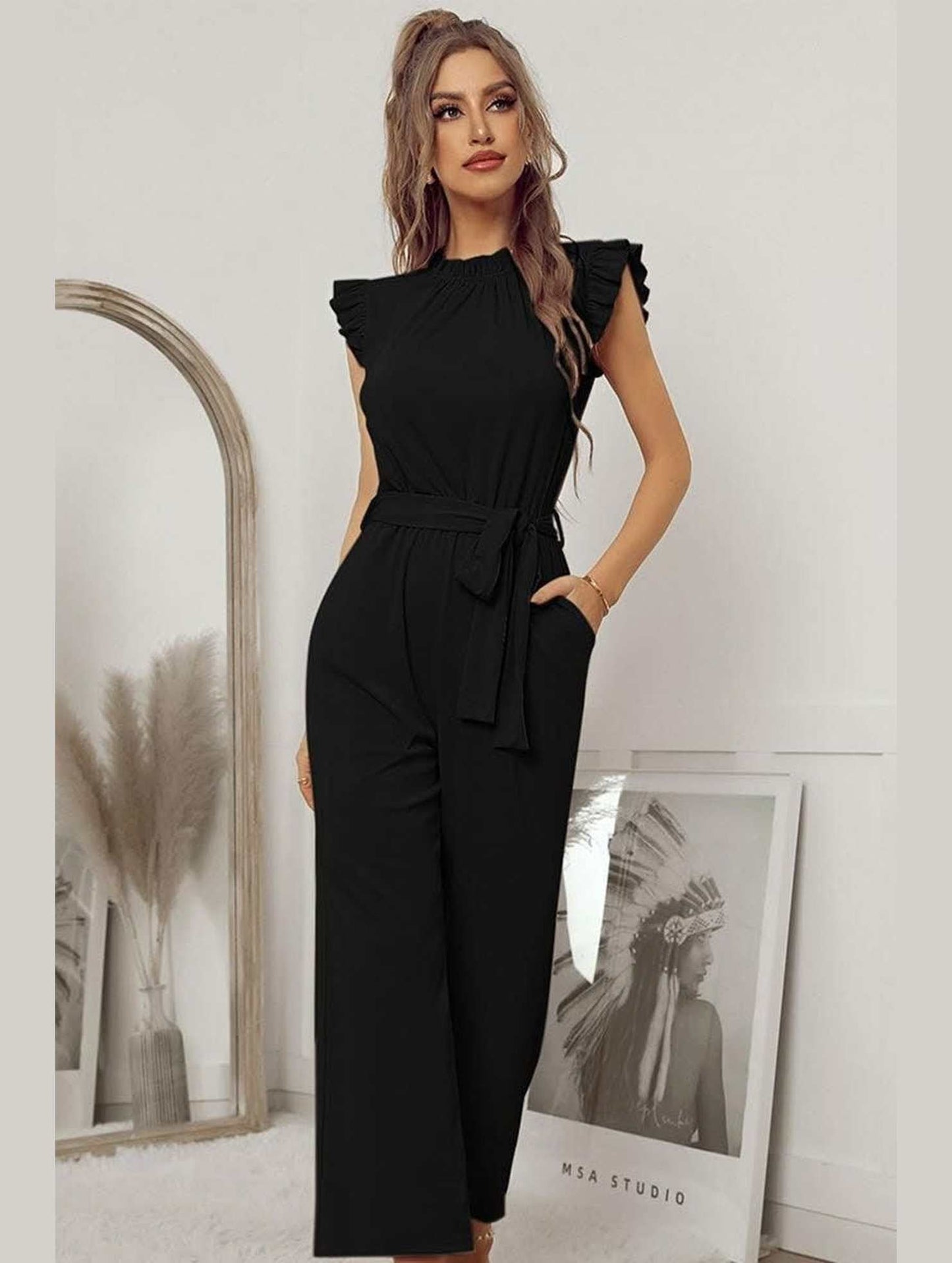 SOLID COLOR FLYING SLEEVE JUMPSUIT - Doublju