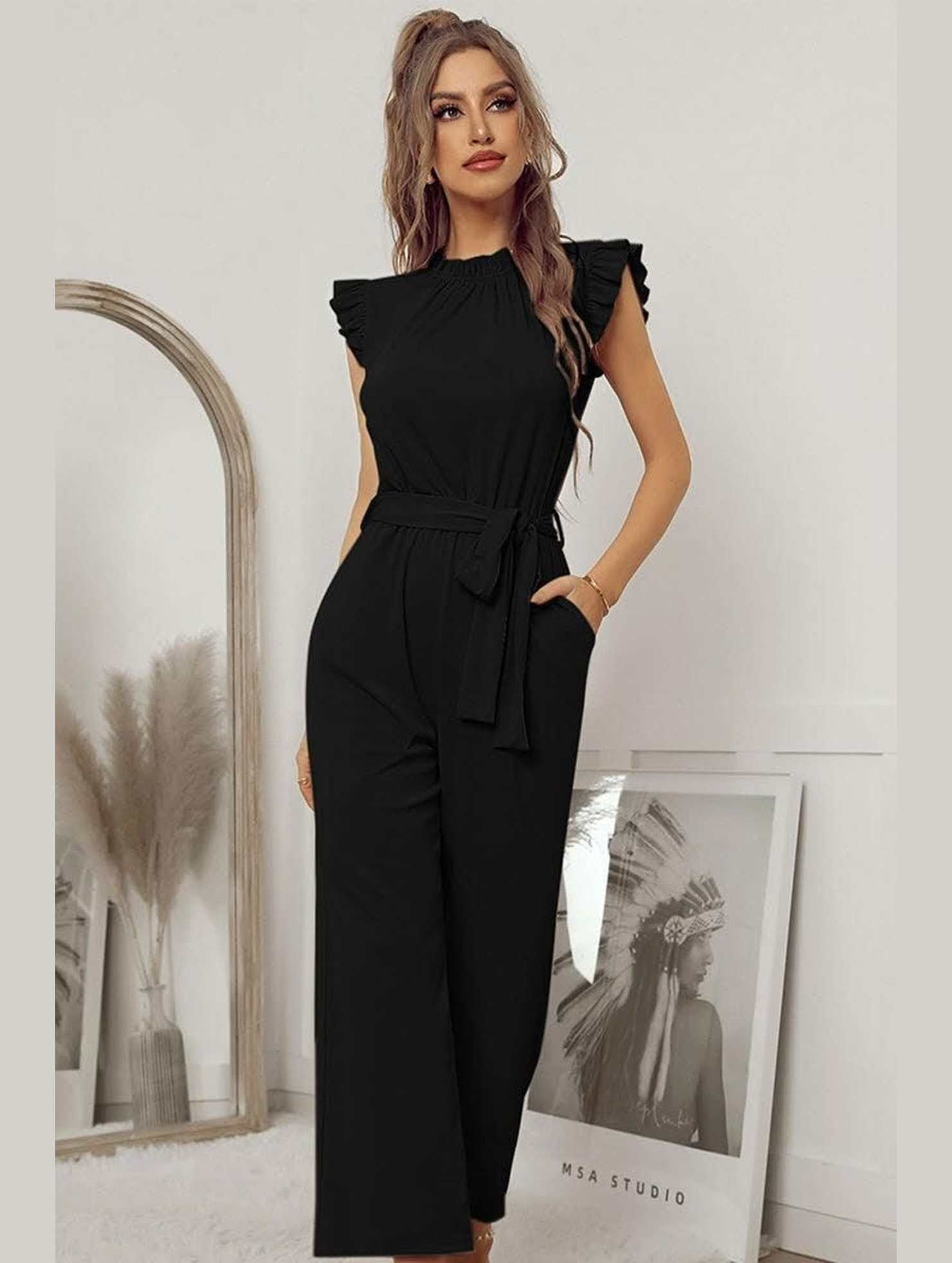 SOLID COLOR FLYING SLEEVE JUMPSUIT - Doublju