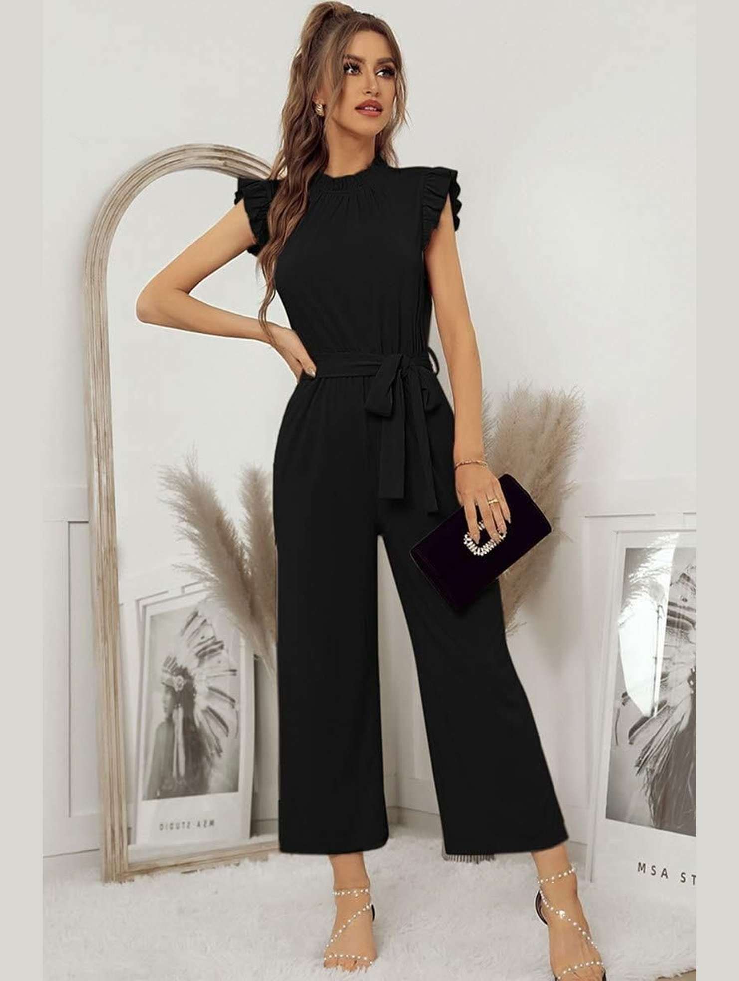 SOLID COLOR FLYING SLEEVE JUMPSUIT - Doublju