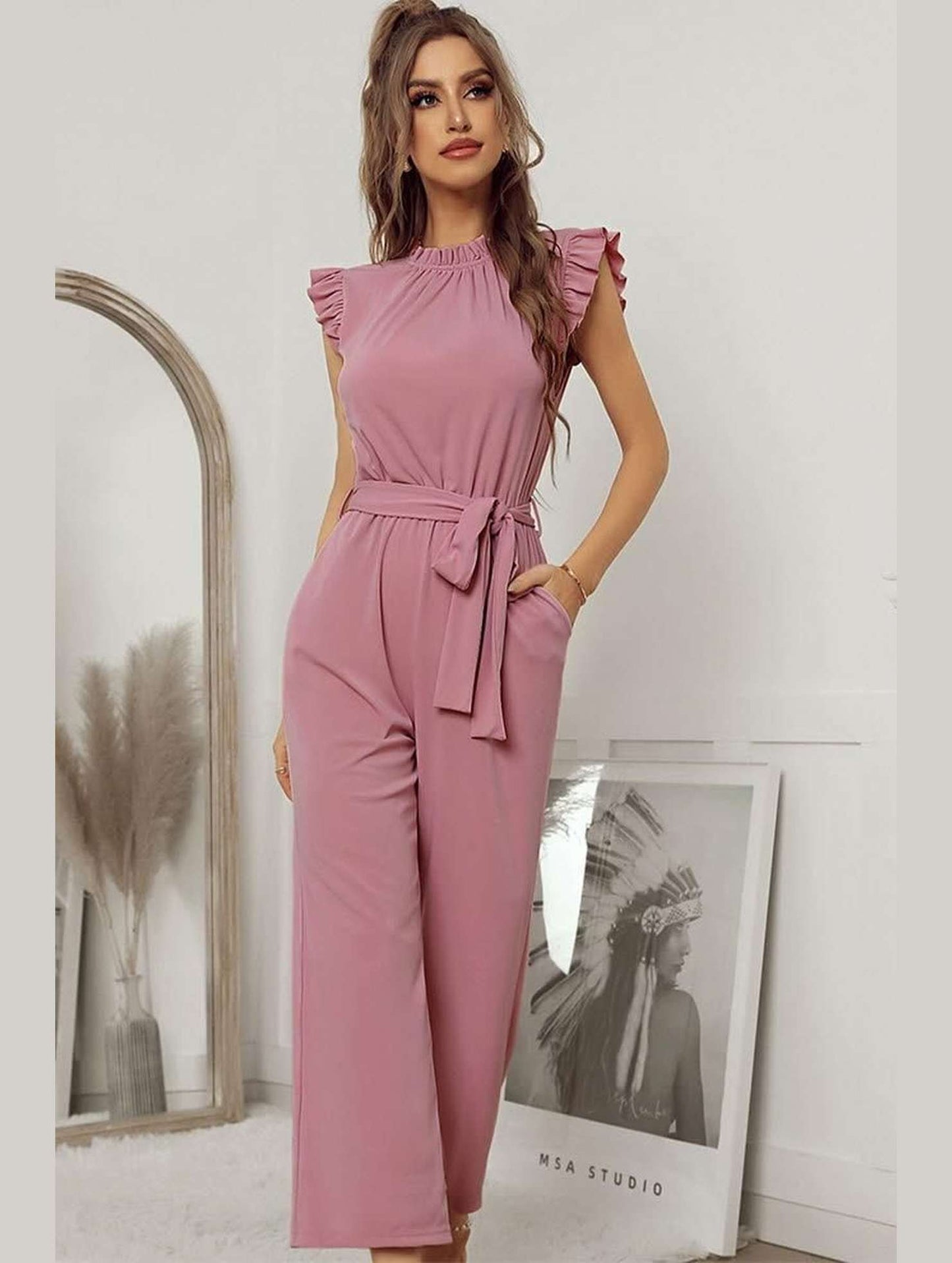 SOLID COLOR FLYING SLEEVE JUMPSUIT - Doublju