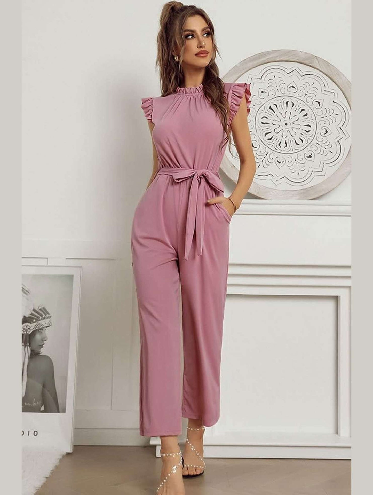 SOLID COLOR FLYING SLEEVE JUMPSUIT - Doublju
