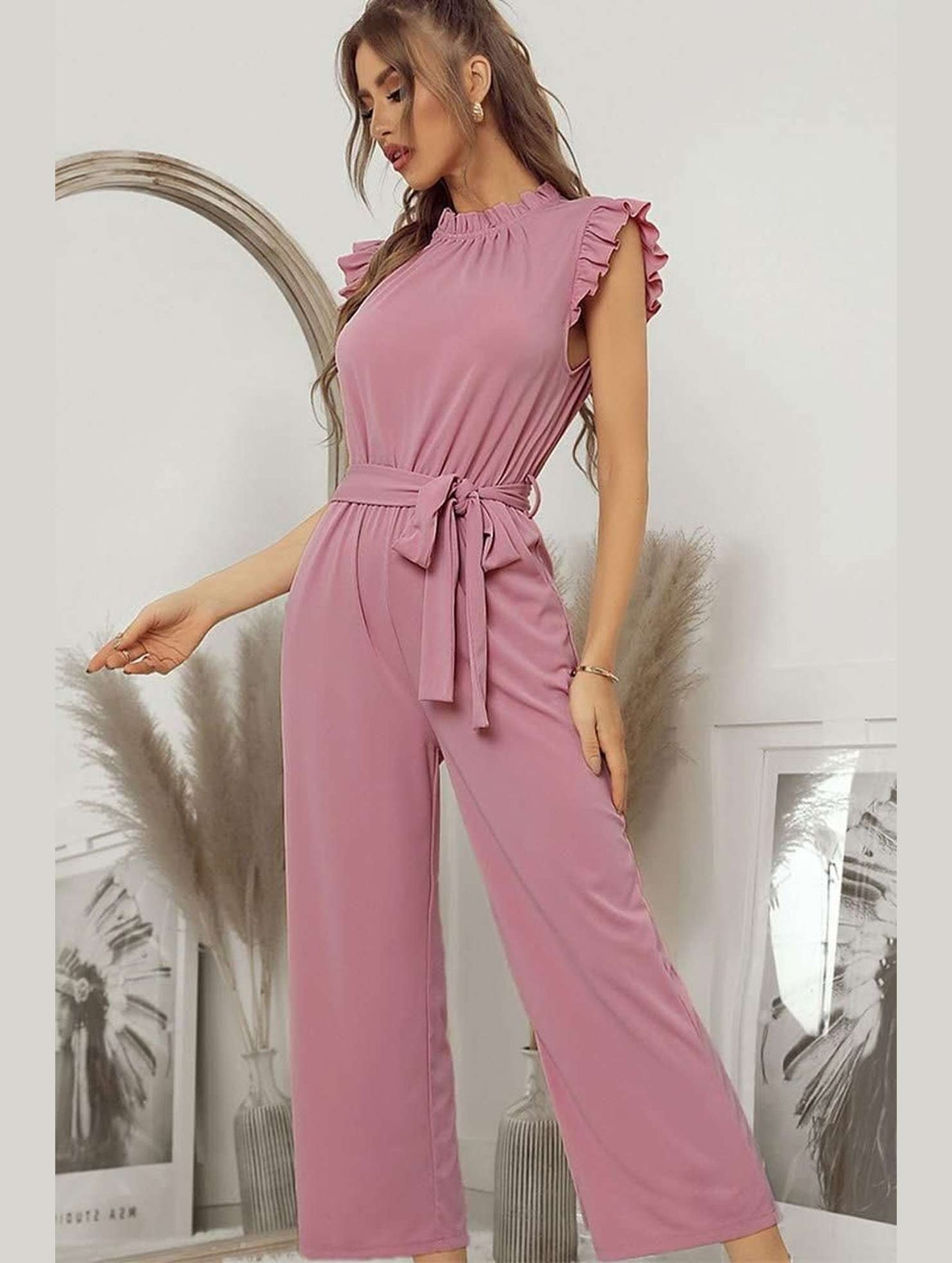 SOLID COLOR FLYING SLEEVE JUMPSUIT - Doublju