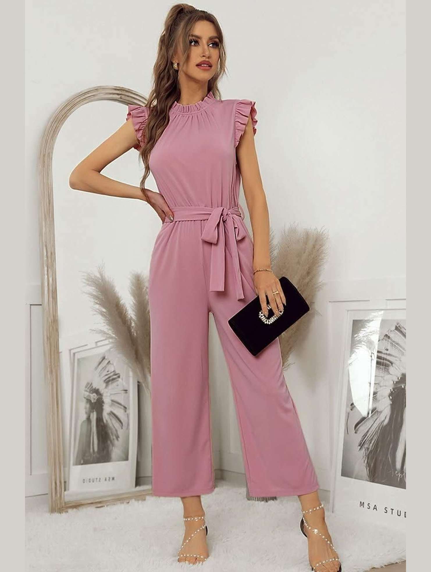 SOLID COLOR FLYING SLEEVE JUMPSUIT - Doublju