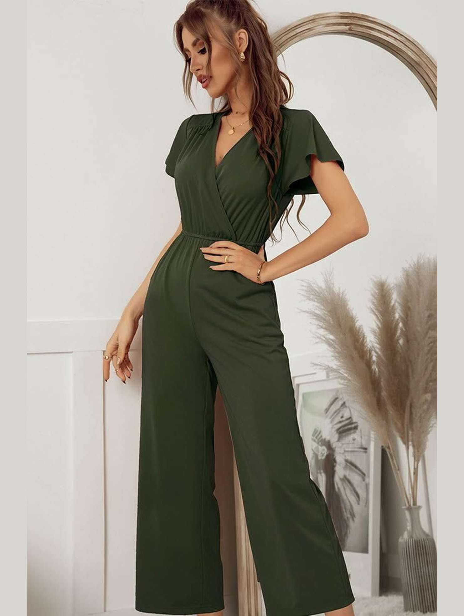 V NECK SHORT SLEEVE JUMPSUIT - Doublju