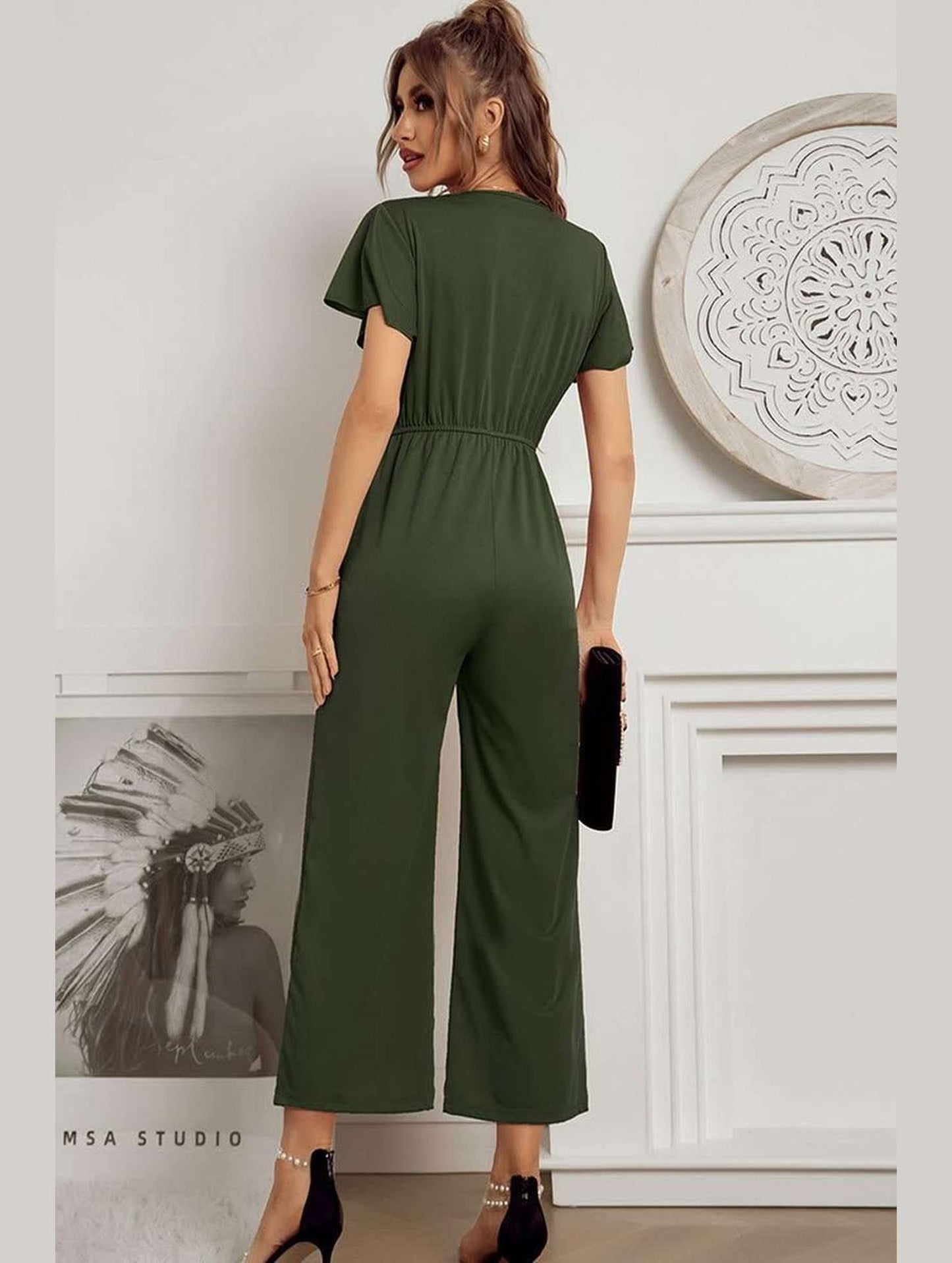 V NECK SHORT SLEEVE JUMPSUIT - Doublju