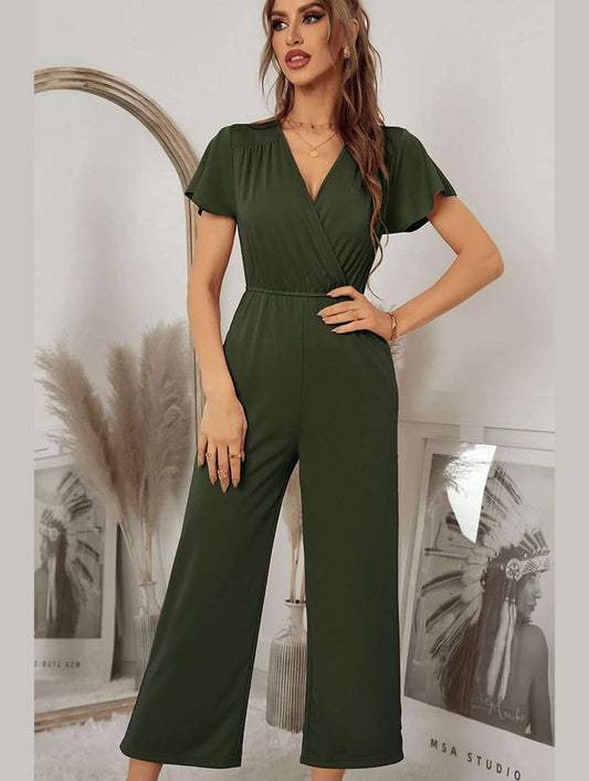 V NECK SHORT SLEEVE JUMPSUIT - Doublju