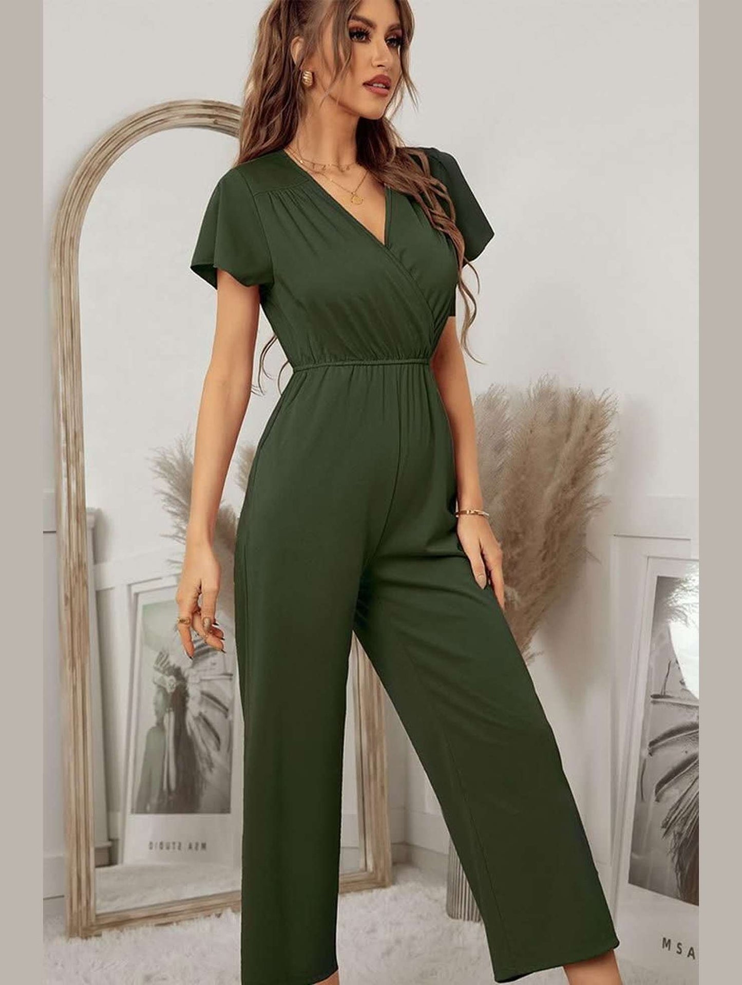 V NECK SHORT SLEEVE JUMPSUIT - Doublju