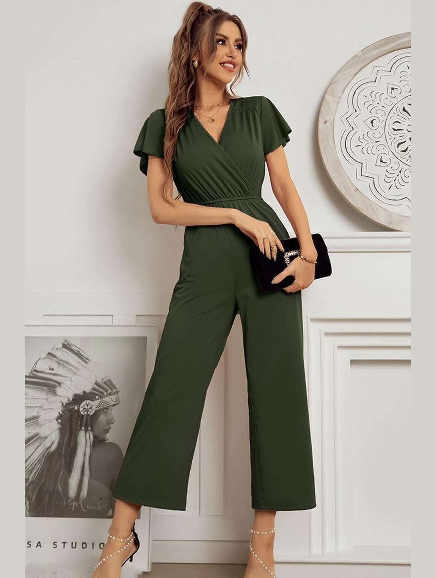 V NECK SHORT SLEEVE JUMPSUIT - Doublju