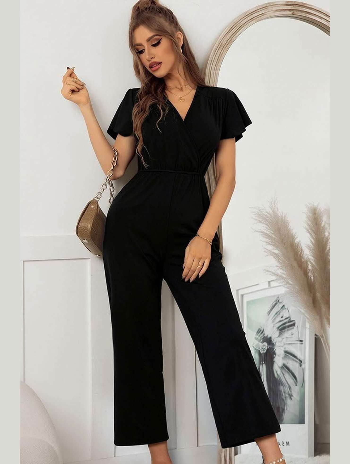 V NECK SHORT SLEEVE JUMPSUIT - Doublju
