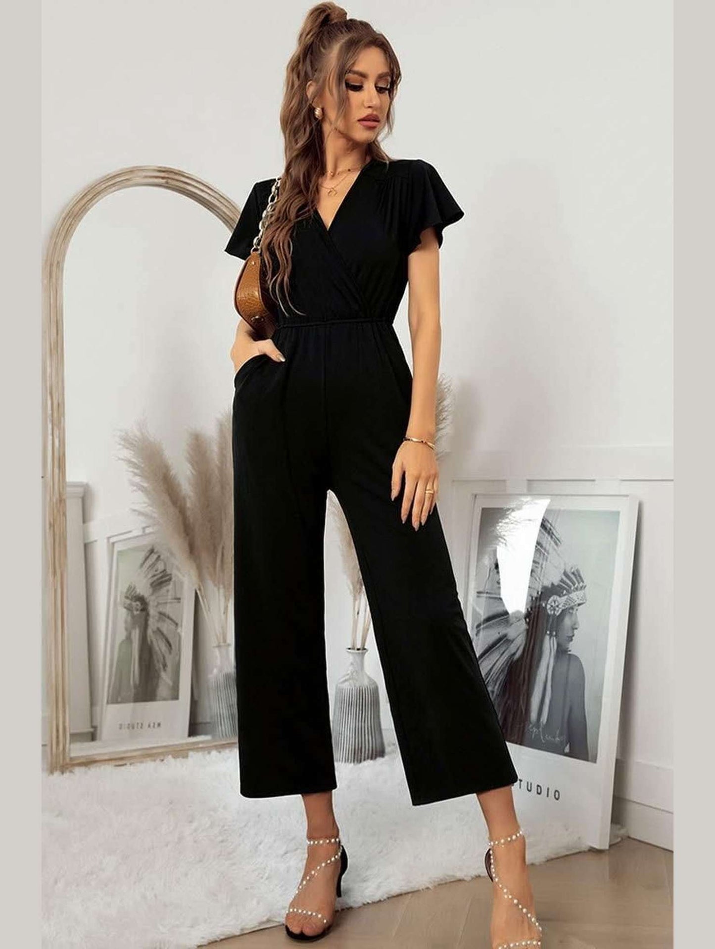 V NECK SHORT SLEEVE JUMPSUIT - Doublju