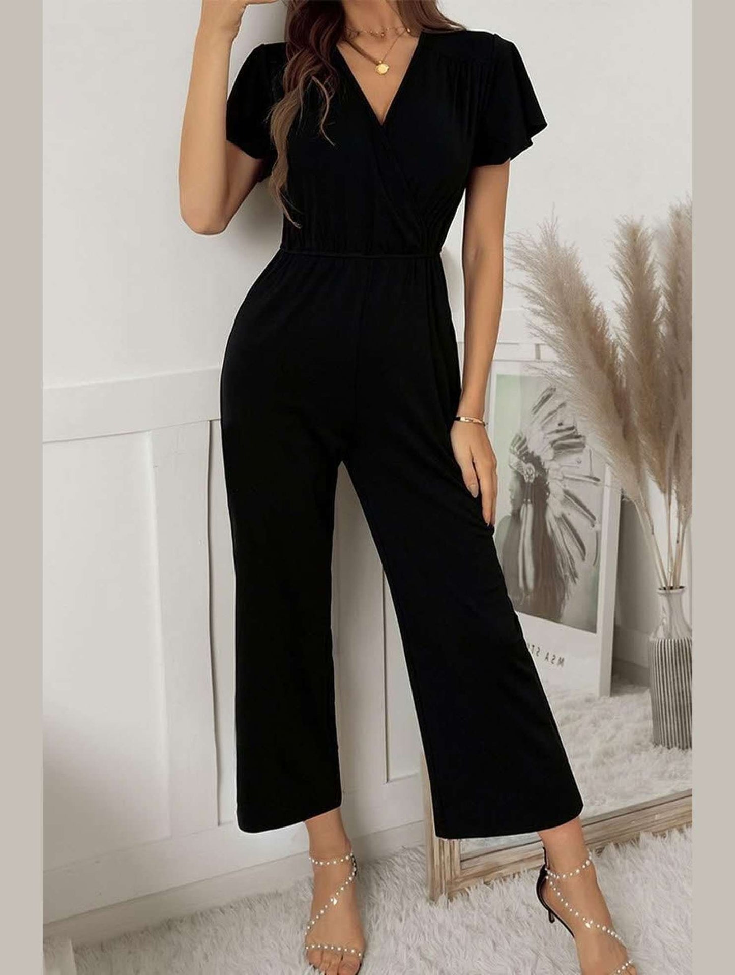 V NECK SHORT SLEEVE JUMPSUIT - Doublju