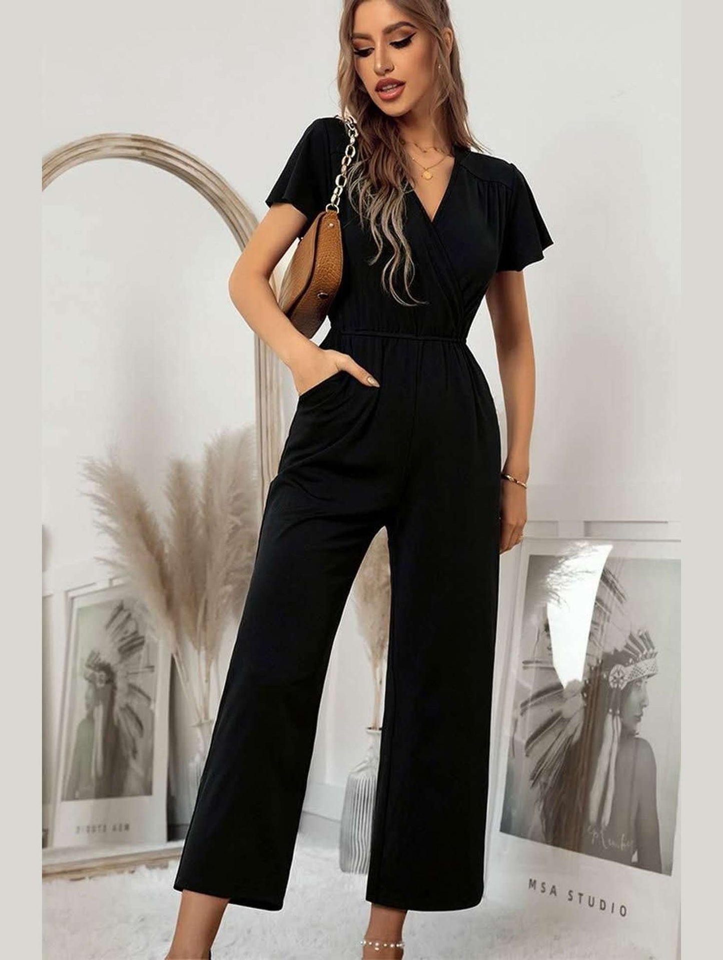 V NECK SHORT SLEEVE JUMPSUIT - Doublju
