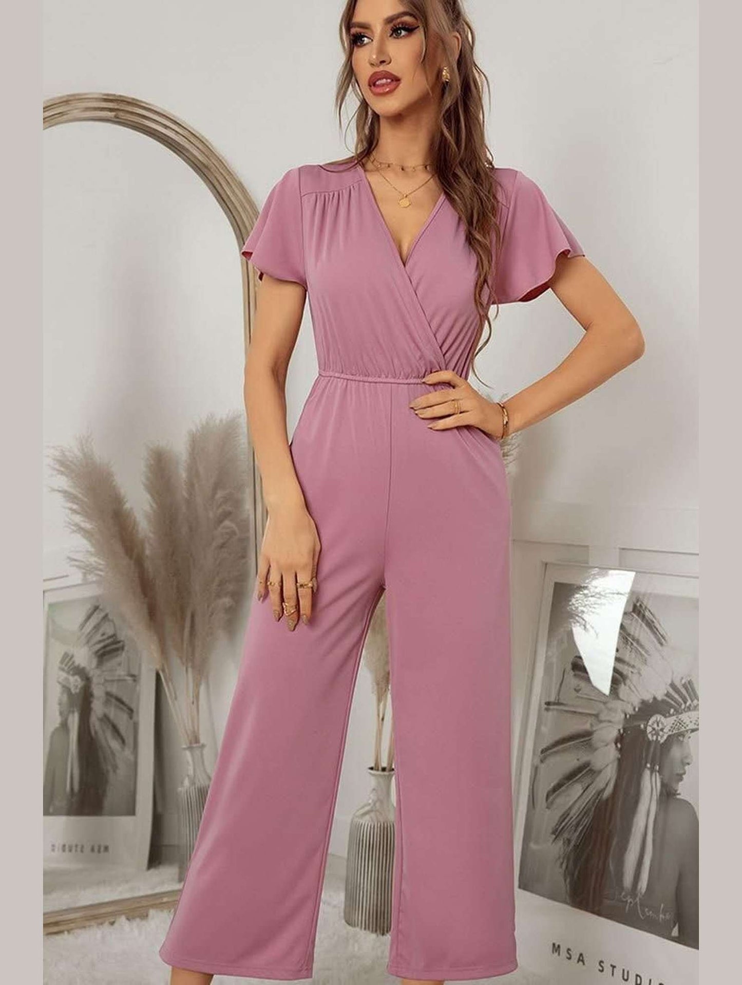 V NECK SHORT SLEEVE JUMPSUIT - Doublju