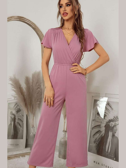 V NECK SHORT SLEEVE JUMPSUIT - Doublju