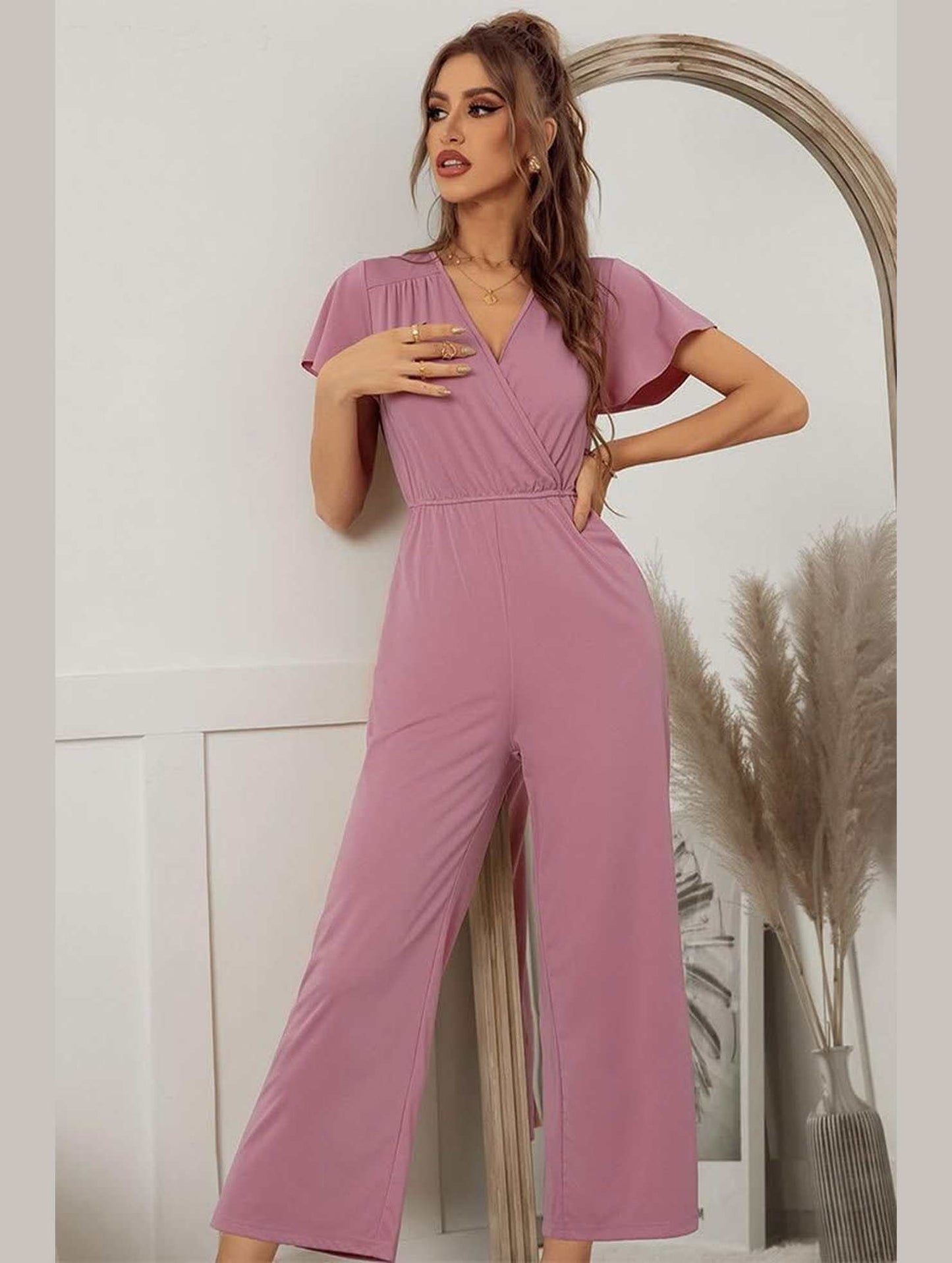 V NECK SHORT SLEEVE JUMPSUIT - Doublju