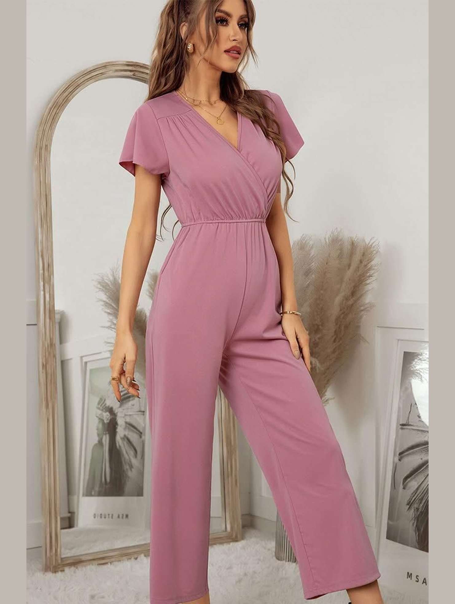 V NECK SHORT SLEEVE JUMPSUIT - Doublju