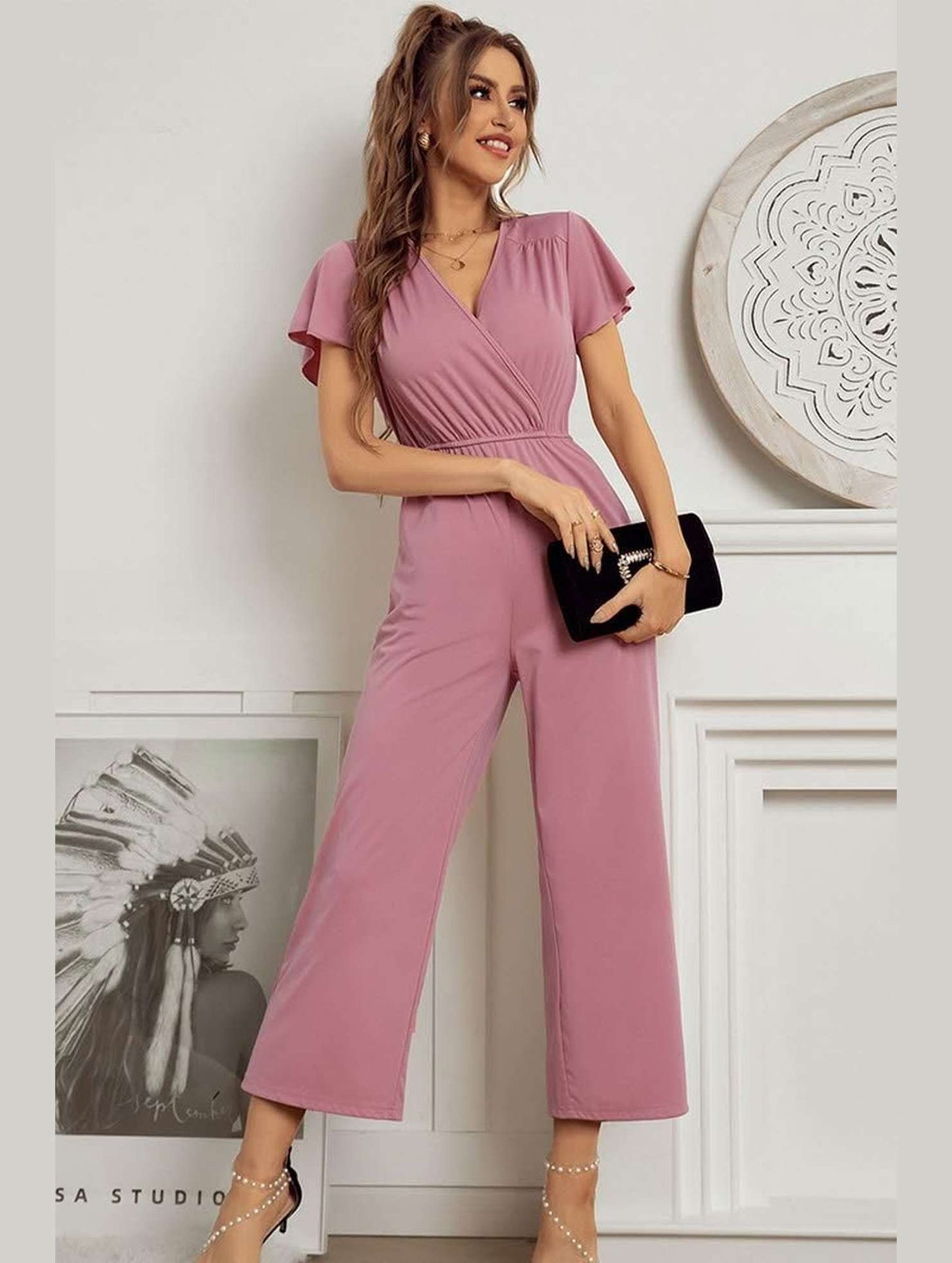 V NECK SHORT SLEEVE JUMPSUIT - Doublju