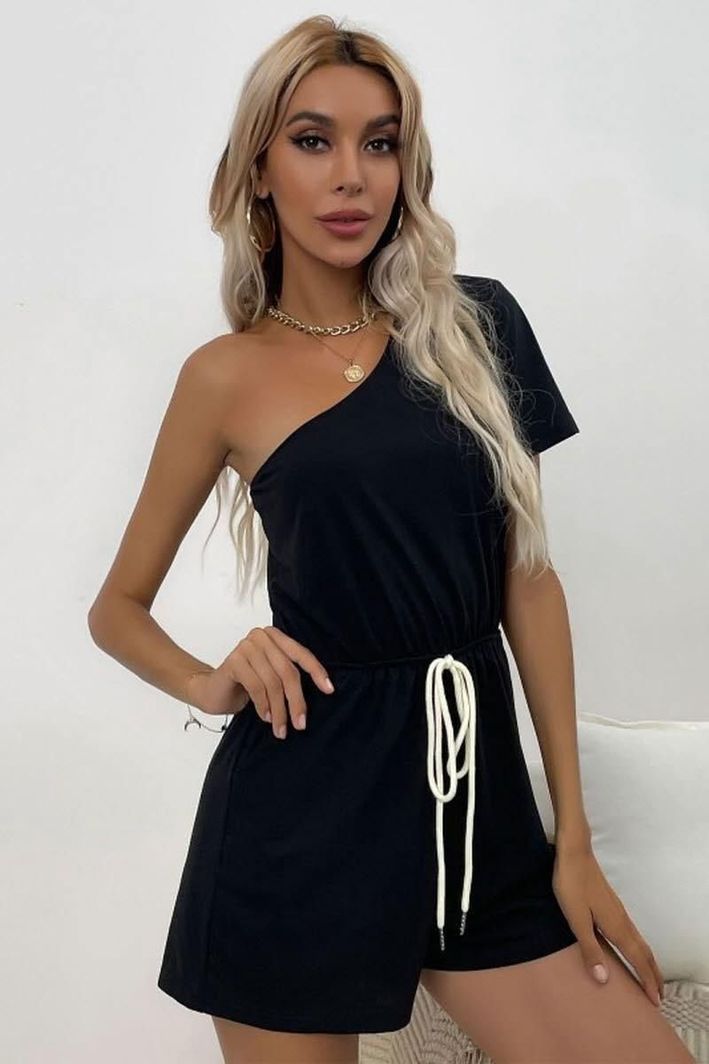 ONE SHOULDER STRAP SOLID COLOR JUMPSUIT - Doublju