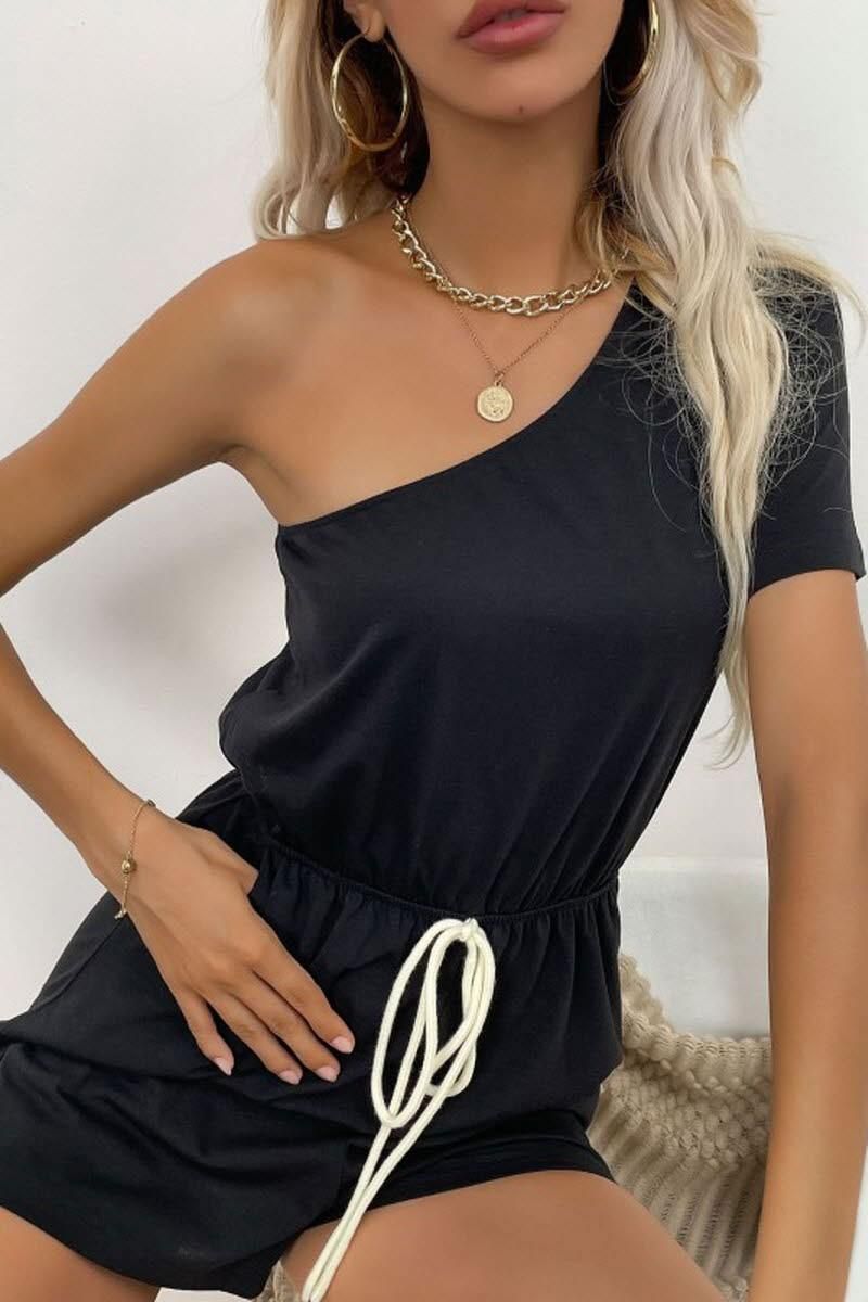 ONE SHOULDER STRAP SOLID COLOR JUMPSUIT - Doublju