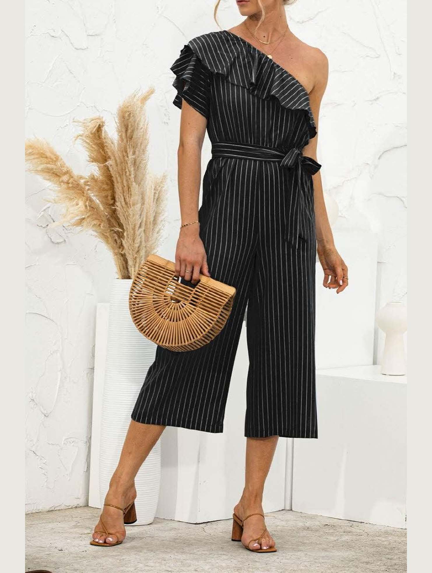 SLANTED SHOULDER RUFFLED STRIPED JUMPSUIT - Doublju
