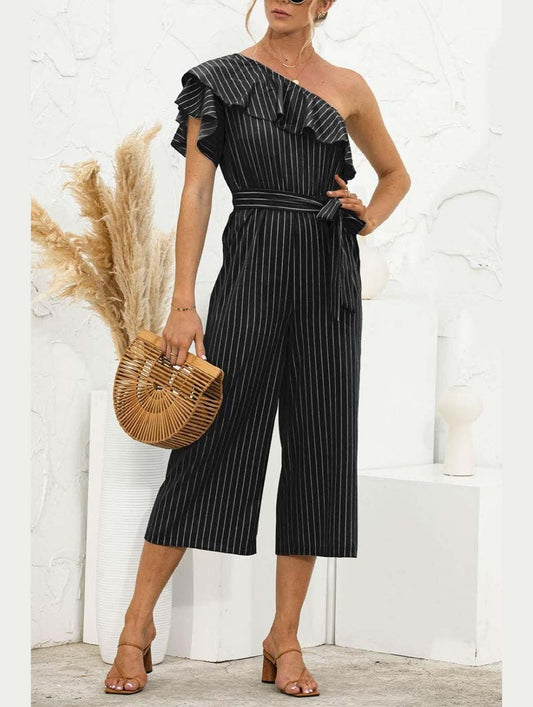 SLANTED SHOULDER RUFFLED STRIPED JUMPSUIT - Doublju